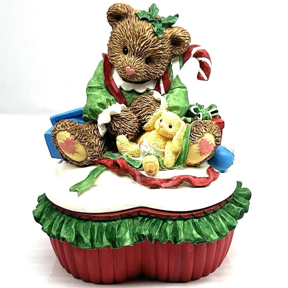 VINTAGE Heritage House "Christmas Morning" Bear ~Heart- Shaped Trinket Box ~New